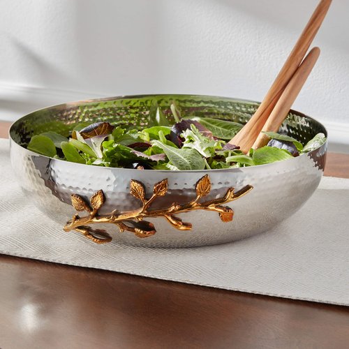 Elegance Golden Vine Hammered, 12-Inch, Silver/Gold Stainless Steel ,Salad Bowl