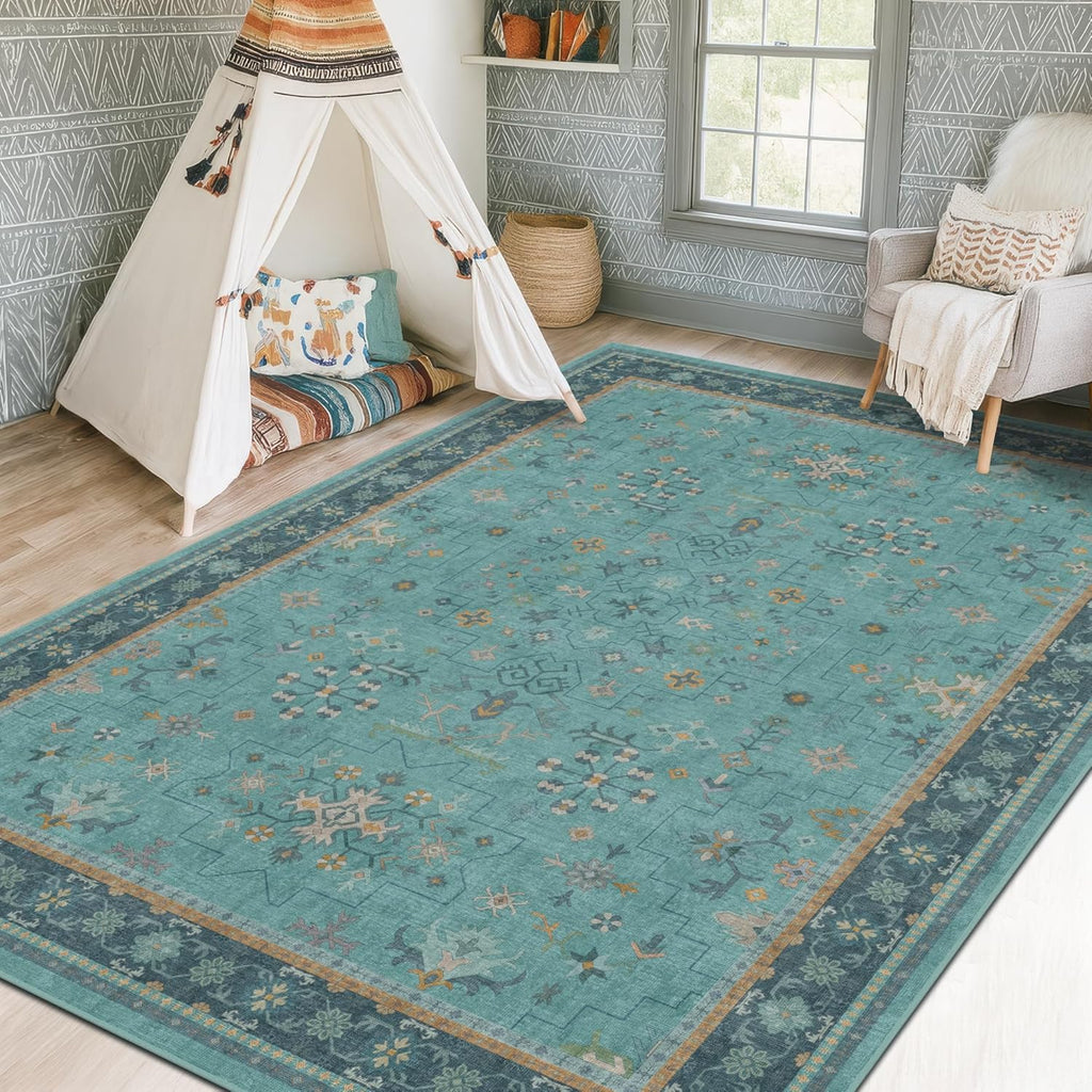 Regine Switzerland Washable Teal Rug - Modern Floral Low-Pile Non-Skid Carpet | 5x8 Size for Living Room & Bedroom