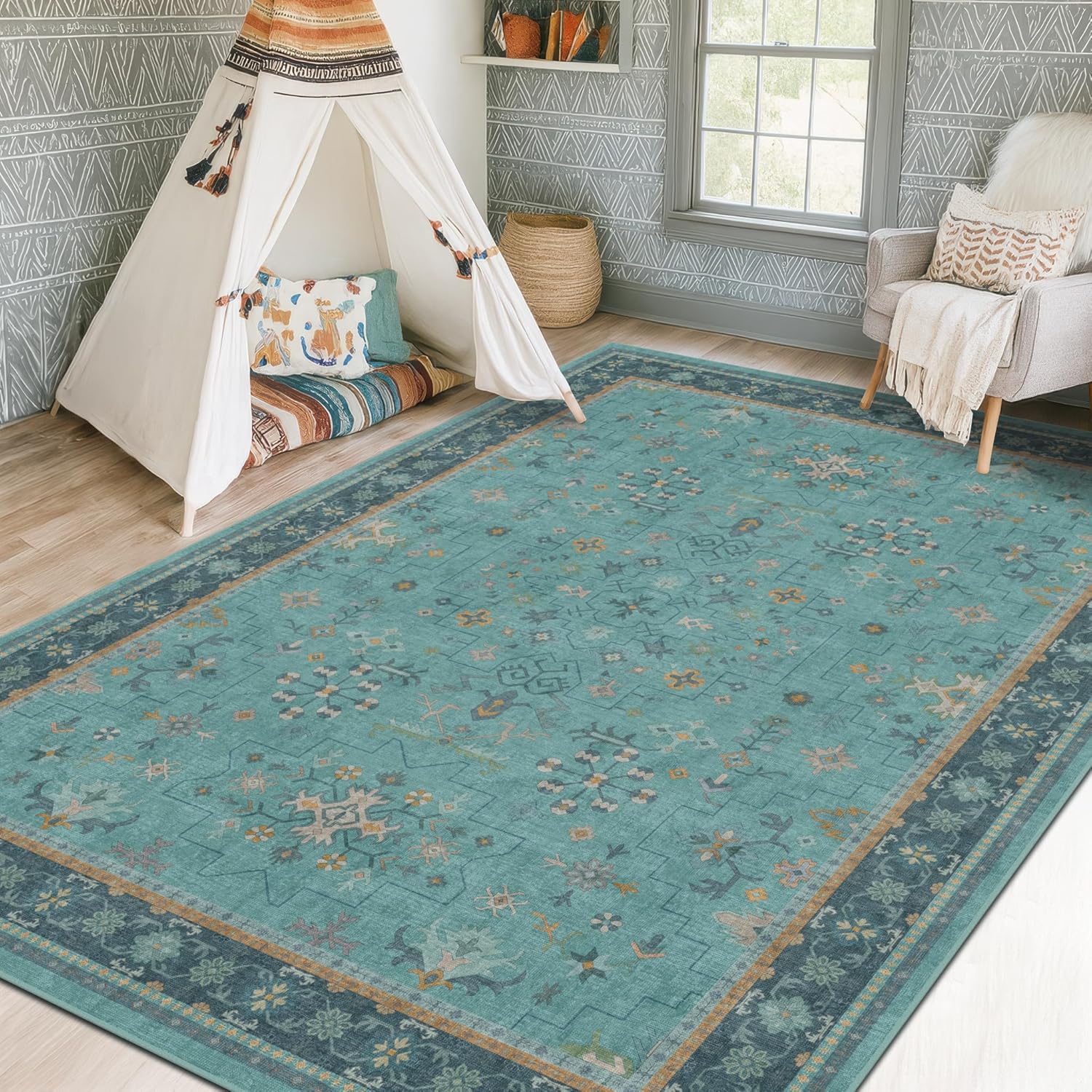 Regine Switzerland Washable Teal Rug - Modern Floral Low-Pile Non-Skid Carpet | 5x8 Size for Living Room & Bedroom