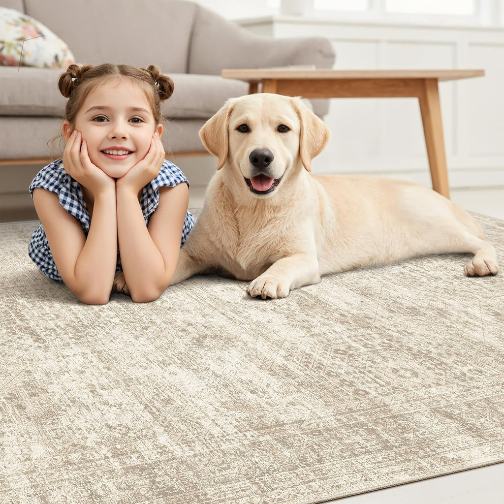 Soalmost 9x12 Area Rug - Non-Slip, Machine Washable Vintage Design for Living Room & Bedroom - Beige