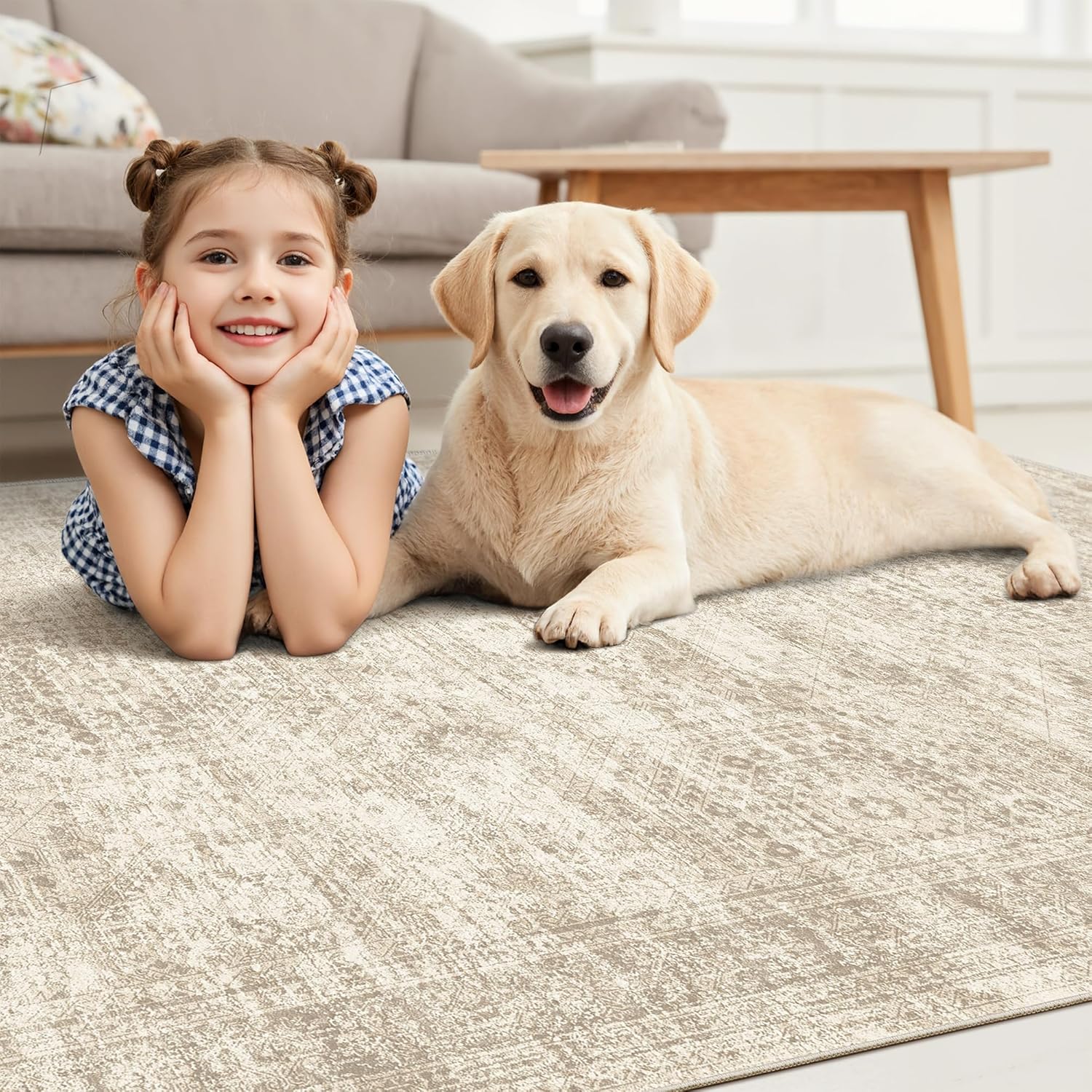 Soalmost 9x12 Area Rug - Non-Slip, Machine Washable Vintage Design for Living Room & Bedroom - Beige