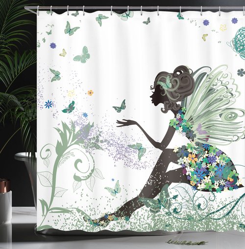Ambesonne Fantasy Shower Curtain, Spring Girl Wings in a Floral Dress Surreal Garden Butterflies Print, Cloth Fabric Bathroom Decor Set with Hooks, 69" W x 70" L, Peacock Green