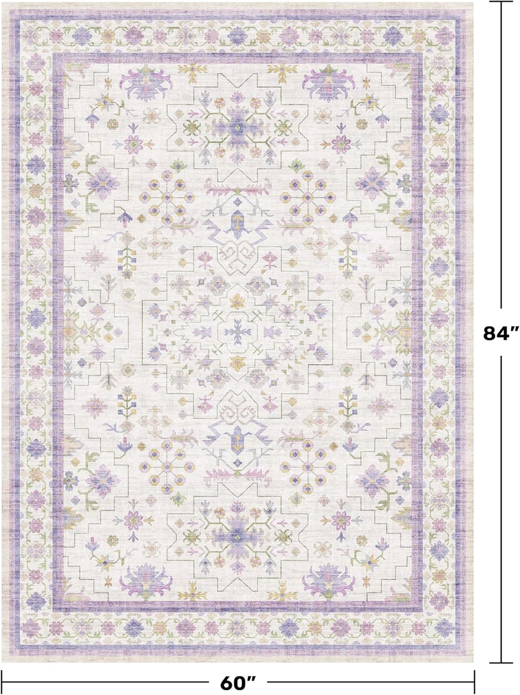 Skiennix Light Purple Area Rug - Non-Slip, Washable Design for Girls' Bedroom | 5x7 Size, Lavender & Cream with Green Accents