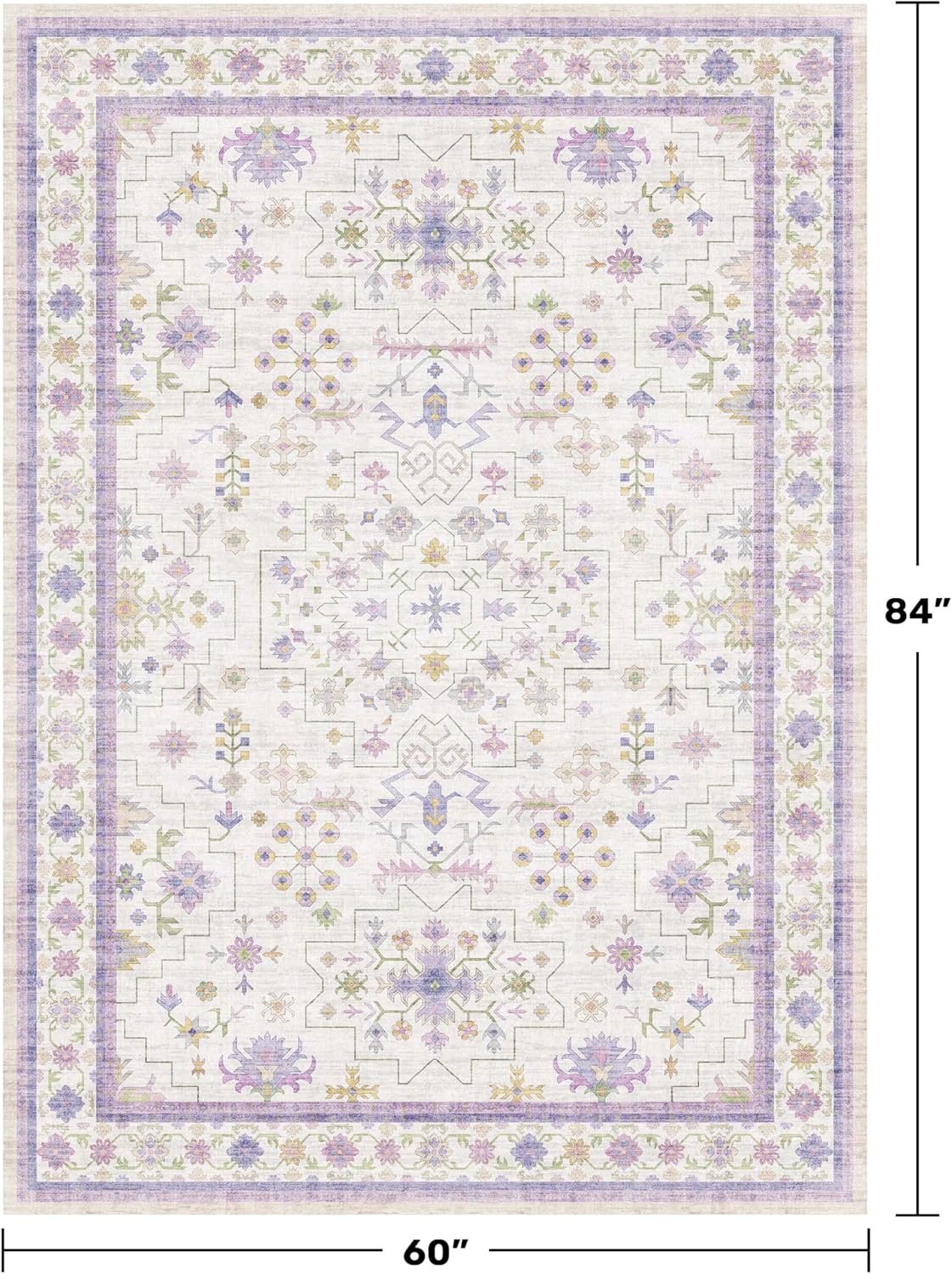Skiennix Light Purple Area Rug - Non-Slip, Washable Design for Girls' Bedroom | 5x7 Size, Lavender & Cream with Green Accents