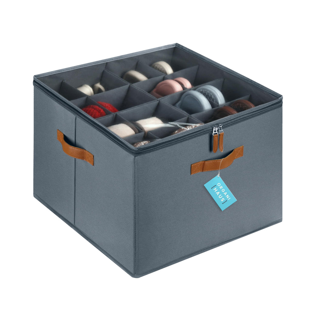 OrganiHaus Large Shoe Storage Bin for Closet, Shoe Organizer Box Fits up to 16 Pairs, Collapsible Fabric Shoe Basket w/Clear Cover, Adjustable Dividers & Reinforced Handles, Grey