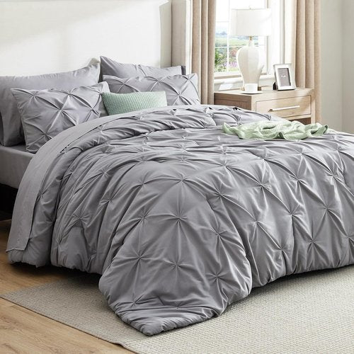 Bedsure Queen Comforter Set - 7-Piece Grey Pintuck Bedding | All-Season Comforter with Sheets & Pillowcases