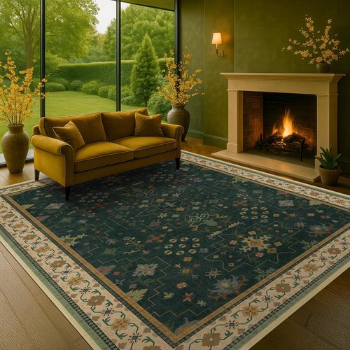 Hazo Haus Dark Green Vintage Rug - Ultra Soft Washable 7x10 Floral Geometric Design for Living Room