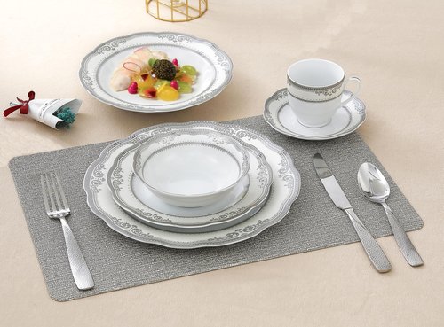 Lorren Home Trends Victoria-24 24 Piece Victoria Design Porcelain Wavy Edge Dinnerware Set, White