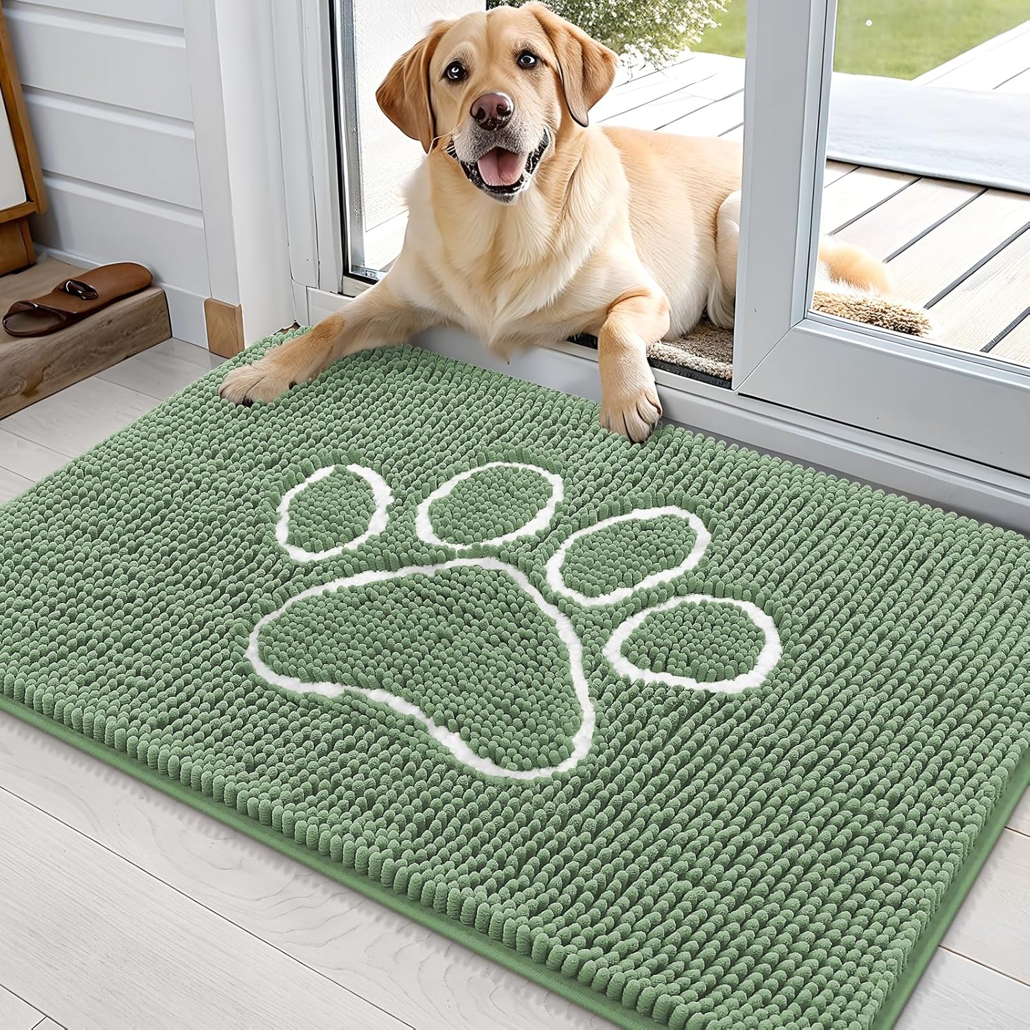 OLANLY Dog Door Mat - Absorbent Muddy Paws Doormat | Non-Slip Chenille, 36x24, Olive Green & White