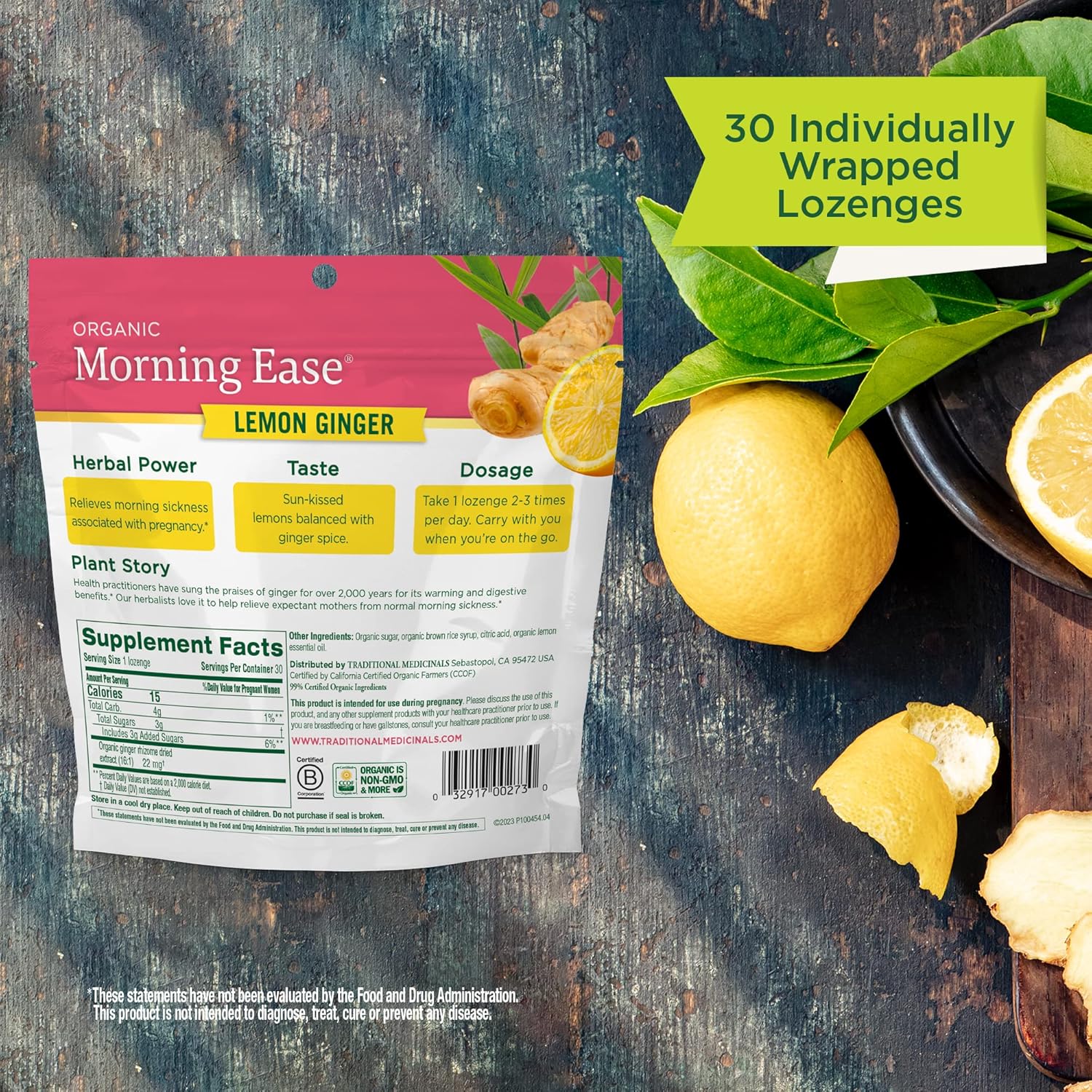 Traditional Medicinals Organic Morning Ease Lozenges - Lemon Ginger for Pregnancy Nausea Relief | 30 Wrapped Lozenges