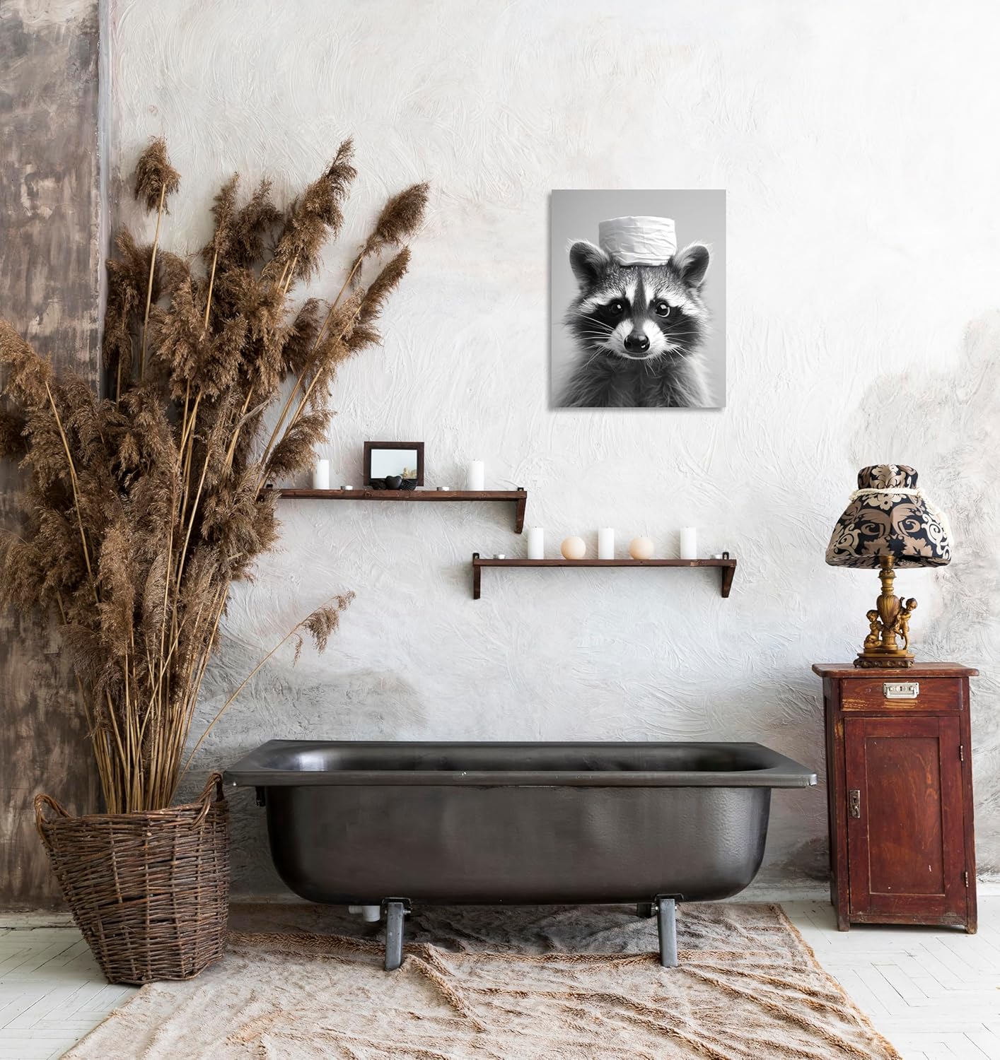 Raccoon Bathroom Wall Art - Funny Animal Canvas Print | Black and White Toilet Decor 8x10 Inch