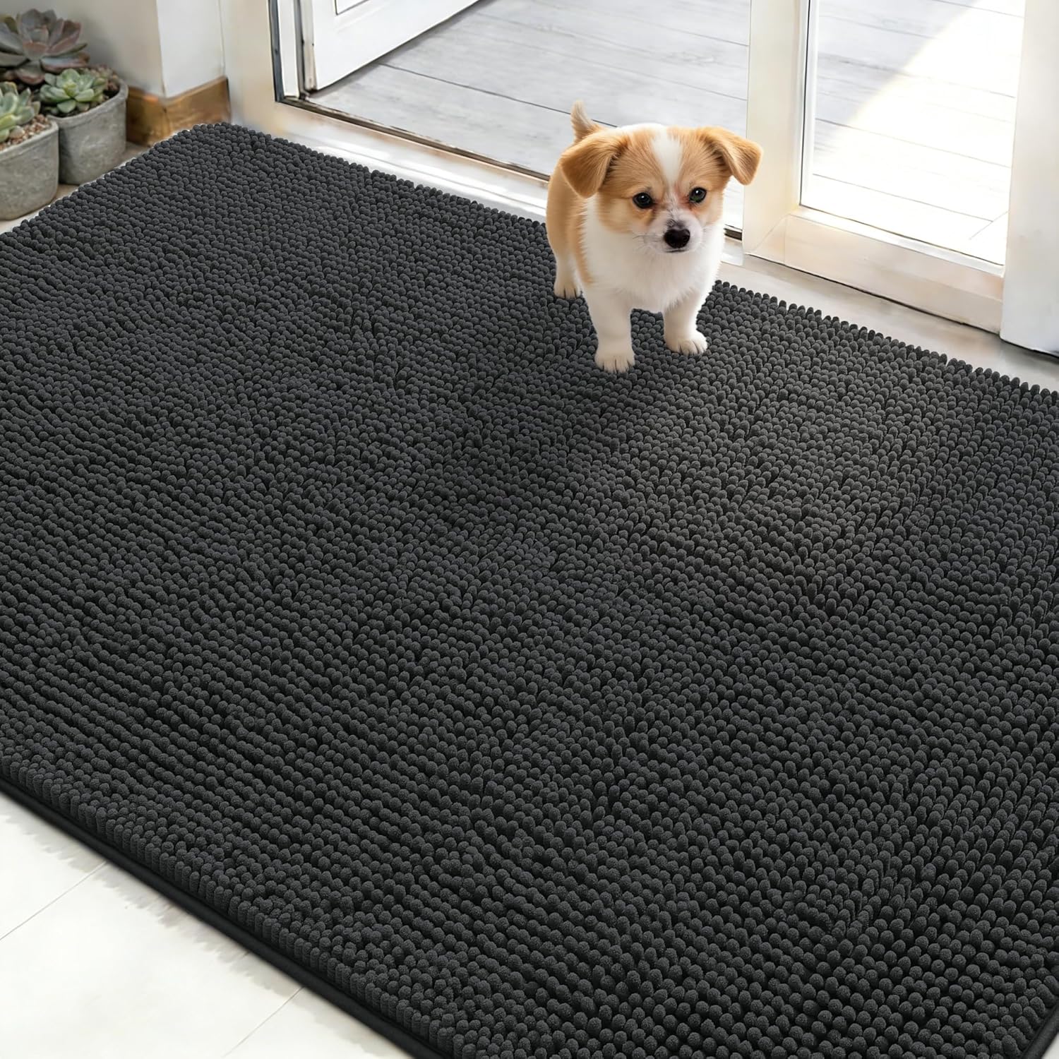 OLANLY Dog Door Mat - Absorbent Non-Slip Chenille Mat for Muddy Paws | 48x30 Inches, Dark Grey