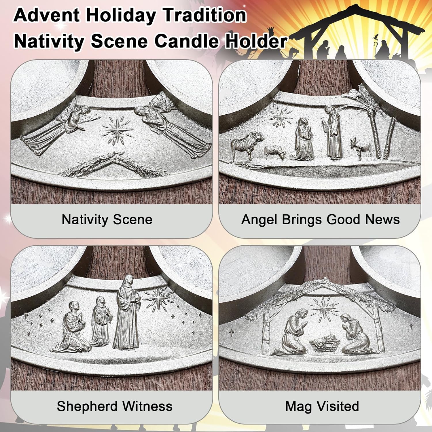Shellwei Advent Wreath Candle Holder - Metal Nativity Scene Design for Christmas Centerpiece Decor | Fits 3-Inch Pillar Candles