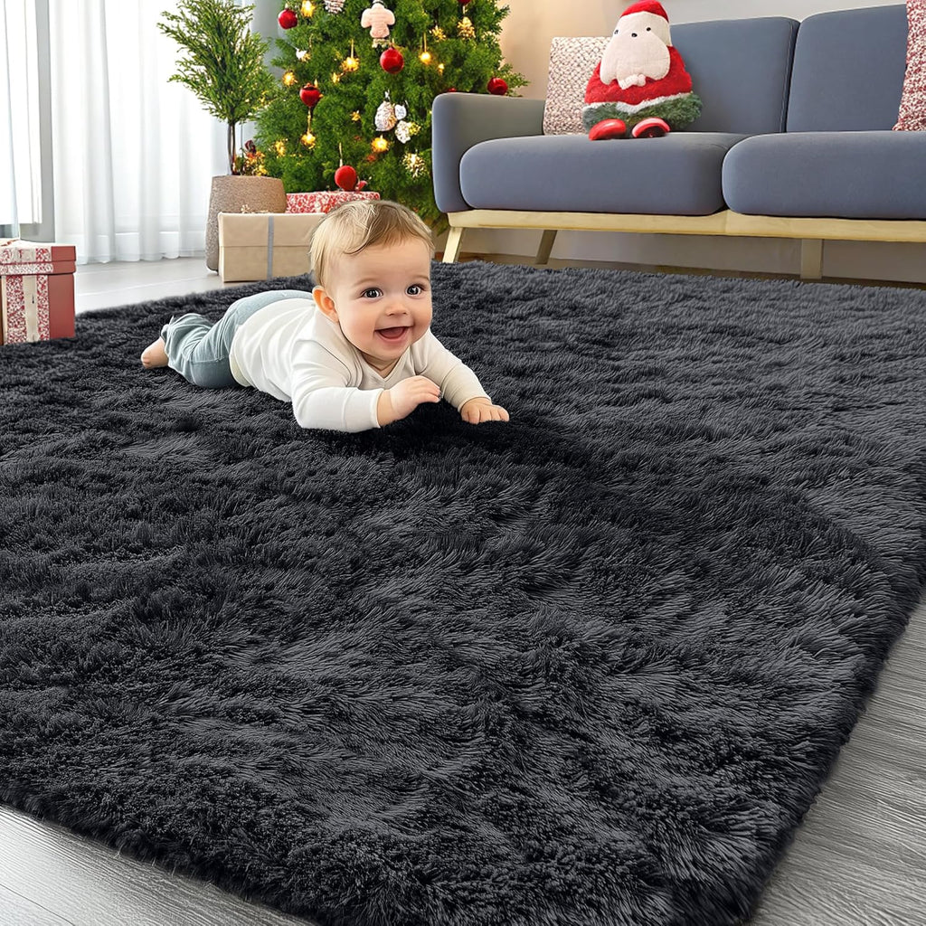OLANLY Area Rugs - Soft Fluffy Shaggy Indoor Carpet for Living Room & Bedroom | 4x11 ft, Black