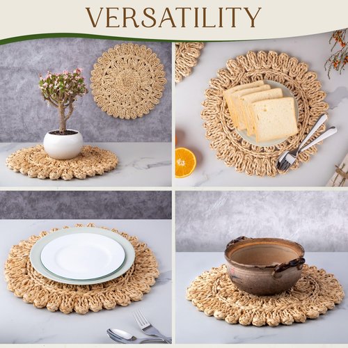 15" Corn Husk Woven Round Placemats Set of 6 - Wicker Boho Farmhouse Placemats - Rattan Table Mats Like Water Hyacinth for Dining Table, Wedding, Home