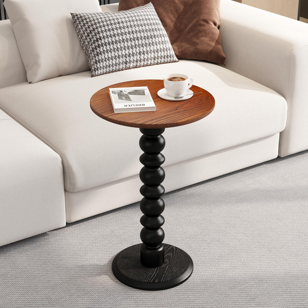 zaowofires Solid Wood Round Side Table, Small Drink Table,Cocktail Table, Wooden Pedestal End Table, Plant Stand for Living Room, Bedroom，Office and Corners(Walnut/Black)