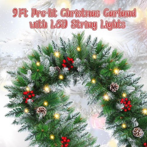 Christmas Garland,Christmas Garland with Lights, Christmas Decoration,9FT/2.7M, for Mantle, Home, Stairs, Fireplace, Porch, Door,Indoor/Outdoor (Green)