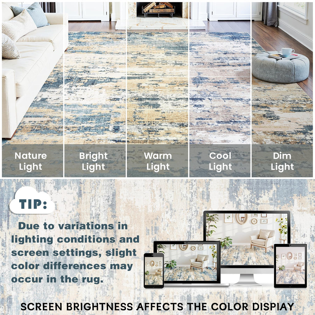 Area Rugs 5x7 Living Room: Large Soft Washable Rug Modern Abstract Anti-Skid Non-Shedding Carpet Indoor Floor Thin Carpets for Bedroom Dining Room Farmhouse Nursery Home Office Brown Blue