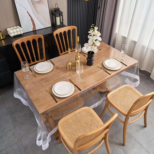 Clear Vinyl Tablecloth Protector Transparent Lace Trim Table cloth – Waterproof, Stain-Resistant,Plastic Cover Decorative – Perfect for Weddings, Parties, and Home Decor (60 x 120 Inch Rectangular)