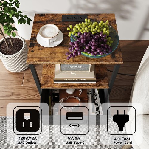 TUTOTAK LED Nightstand Set of 2, Night Stand with Charging Station, End Table, Bedside Table with Fabric Drawer, Side Table for Livingroom and Bedroom, Brown TB01BB0692L