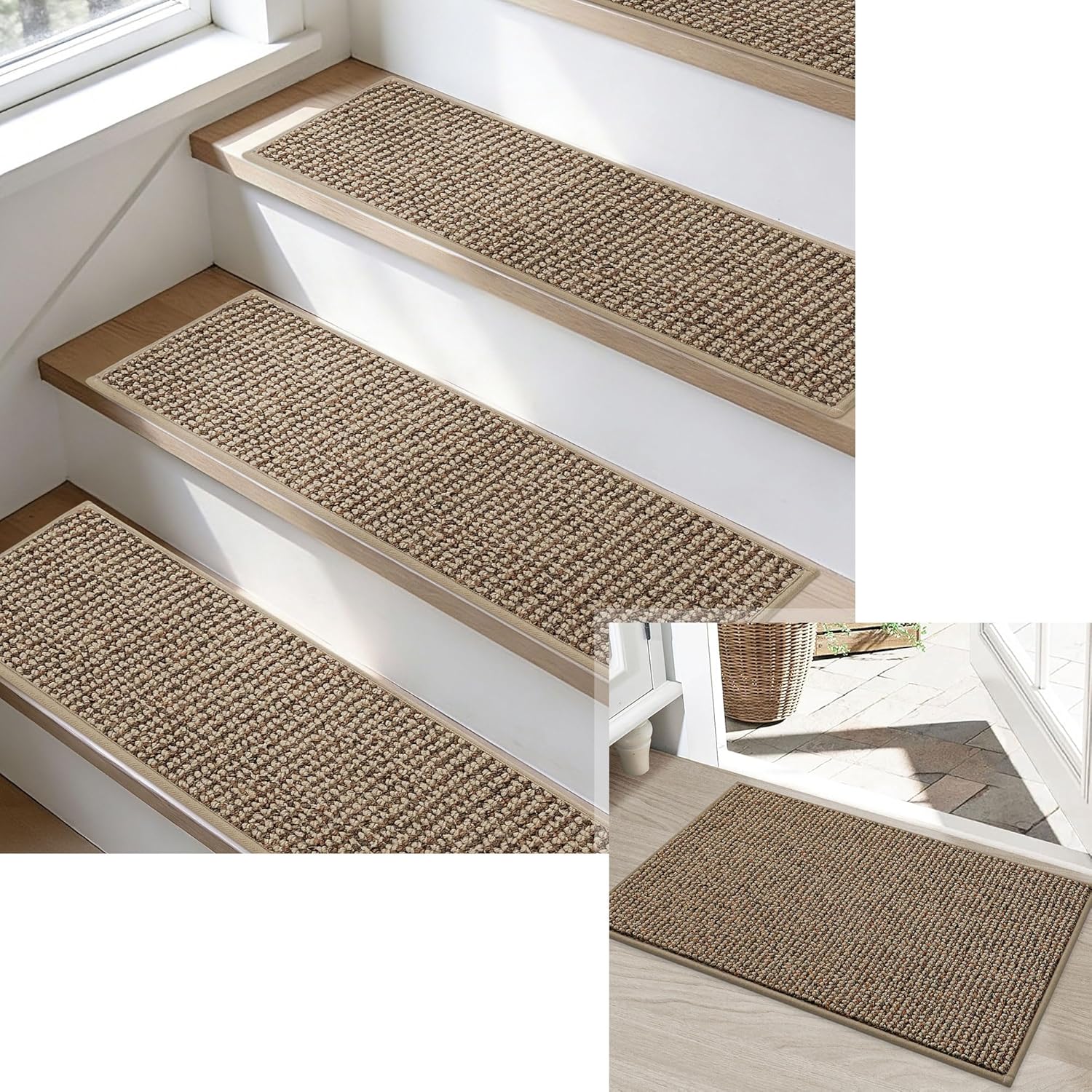 BEQHAUSE Indoor Door Mat & Stair Treads Set - Non-Slip, Stain-Resistant, Washable | 20"x32" Mat & 15 Pcs Taupe Treads