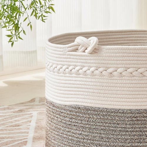 KAKAMAY Large Cotton Rope Blanket Basket - Stylish Storage for Baby Laundry & Toys | 20"x13" White/Beige