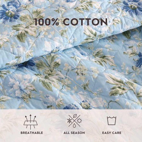 Laura Ashley - Quilt Set, Super Soft Bedding with Matching Shams, Scalloped Edge Design (Peony Garden Blue, Full/Queen)