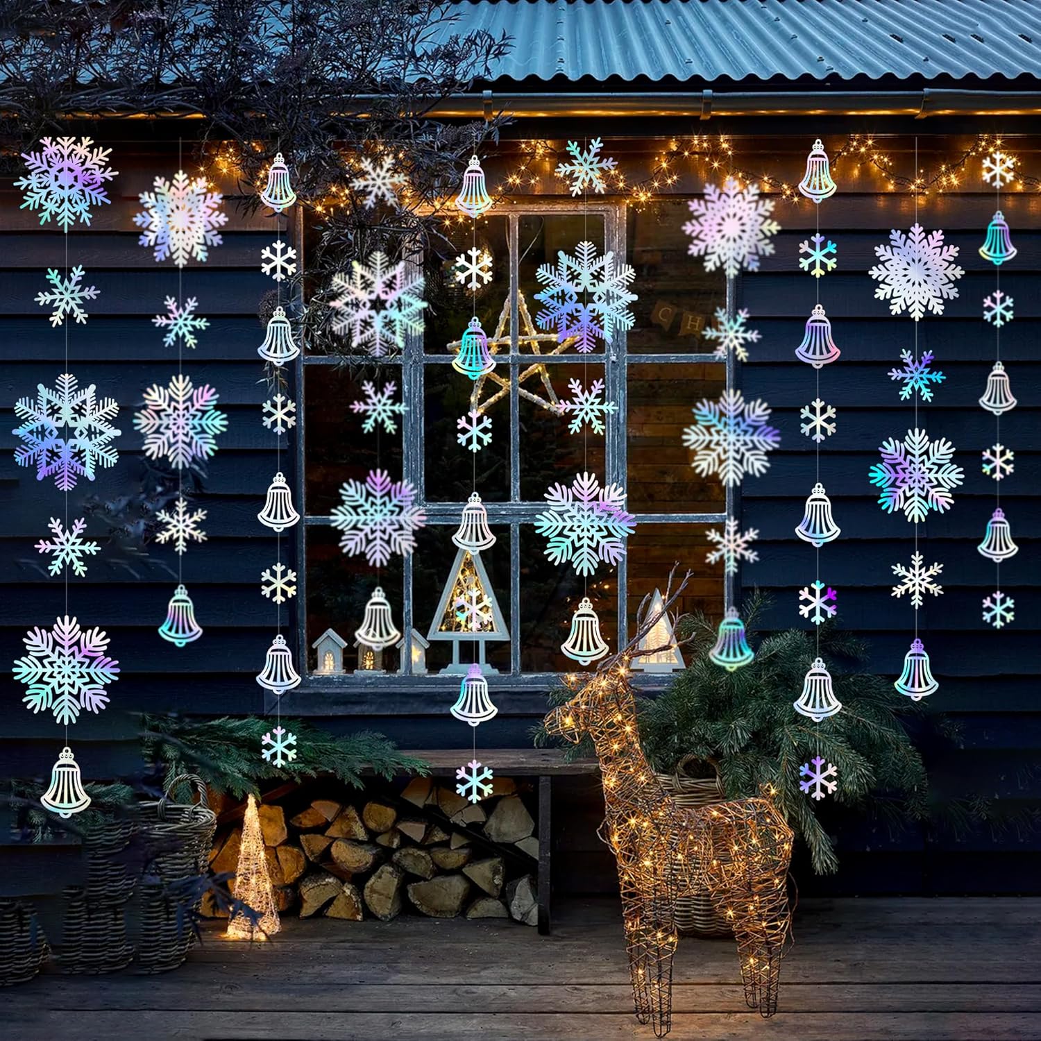 Skiennix 40 Ft Iridescent Snowflakes Party Decorations - Holographic Bell Garland for Winter Wonderland Decor