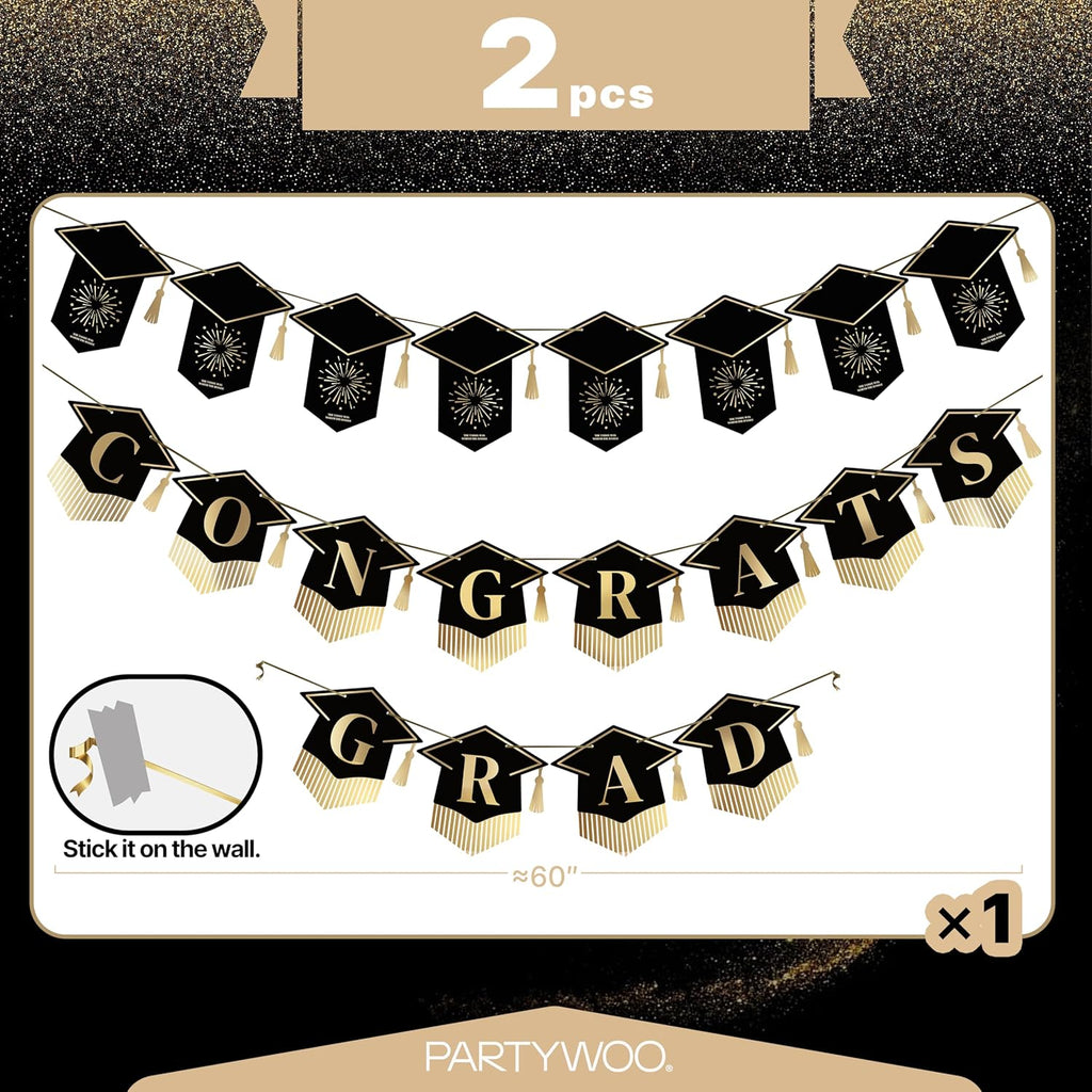 PartyWoo Graduation Decorations - Class of 2026 Black & Gold Banner Set for High School & College Celebrations