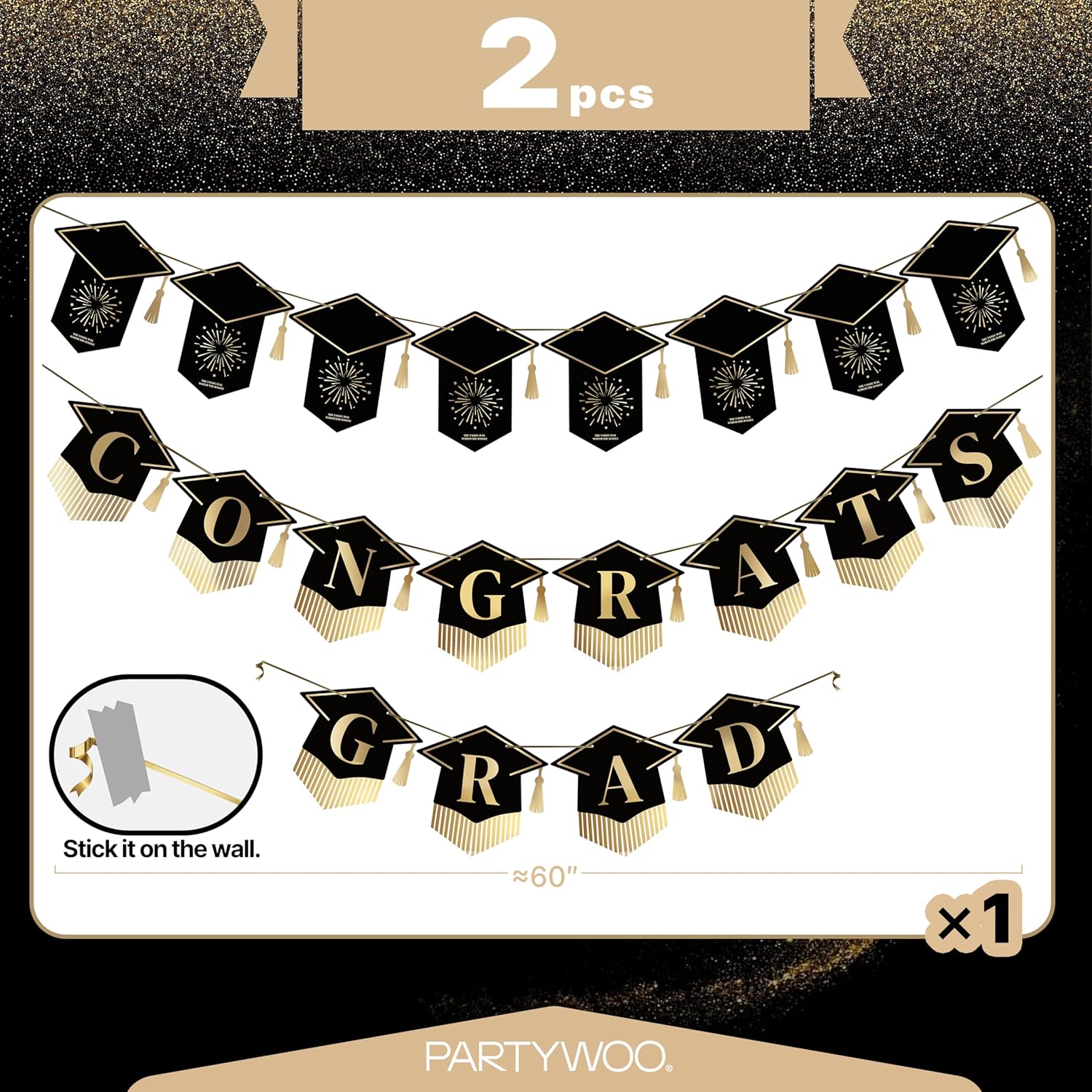 PartyWoo Graduation Decorations - Class of 2026 Black & Gold Banner Set for High School & College Celebrations