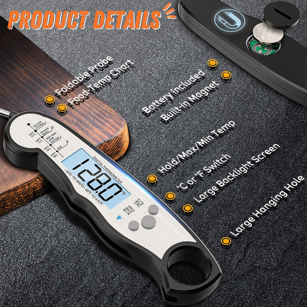 Skiennix Digital Meat Thermometer - Waterproof Instant Read Cooking Tool with Backlight & Calibration | Perfect for BBQ, Candy, Liquids, Beef, Turkey