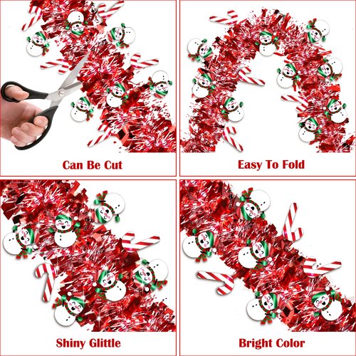 50 Ft Christmas Tinsel Garland Christmas Decorations with Snowman Candy Cane Red Metallic Christmas Garlands for Tree Decor Indoor Outdoor Christmas Party Decorations Home Mantle Fireplace