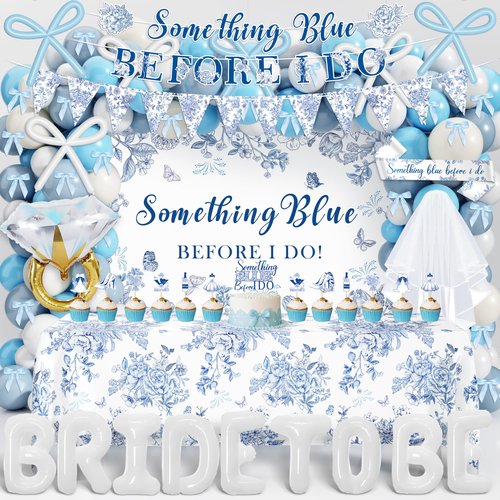Something Blue Before I Do Bridal Shower Decorations,127 PCS Blue Bachelorette Party Decorations with Coquette Bow Balloon Arch Kit Floral Backdrop Tablecloth Banner Garland Cake Topper Veil