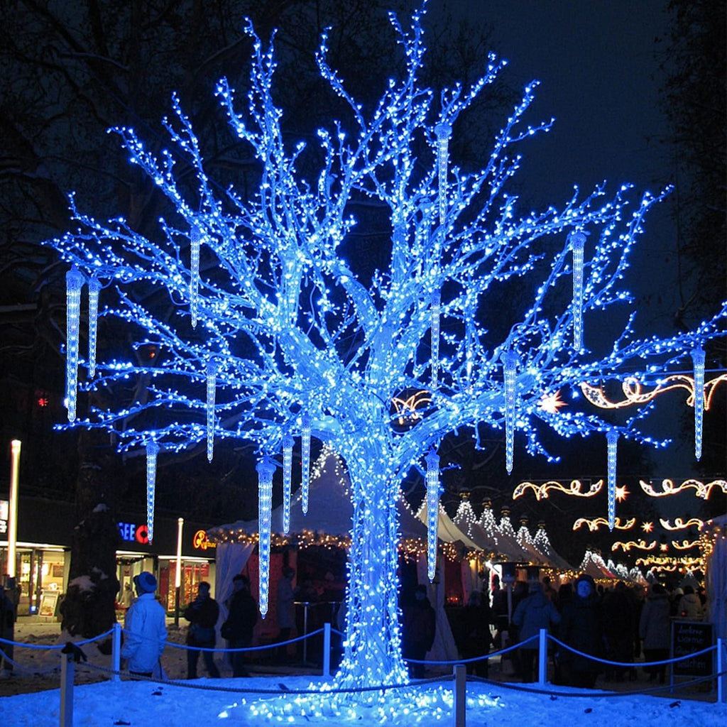 WATERGLIDE Meteor Shower Lights - 12" Outdoor Icicle Christmas Lights | 8 Icicles with 192 SMD LED, Connectable Raindrop Design, Blue Holiday Decor