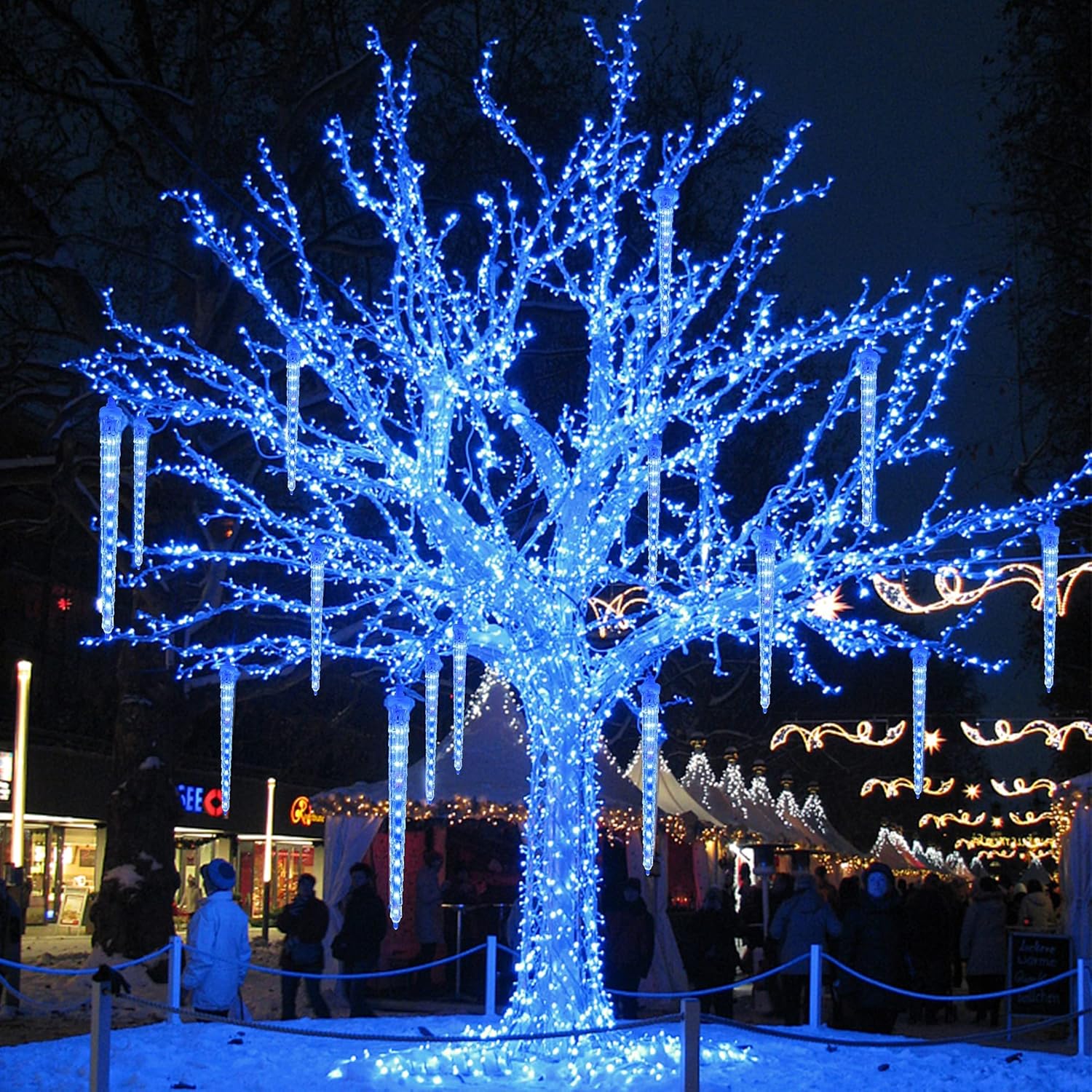 WATERGLIDE Meteor Shower Lights - 12" Outdoor Icicle Christmas Lights | 8 Icicles with 192 SMD LED, Connectable Raindrop Design, Blue Holiday Decor