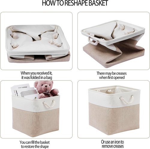 MidmmVick Cube Storage Bins - 13 x 13 Inch Collapsible Fabric Bins, 4 Pack for Home & Office (White & Beige)