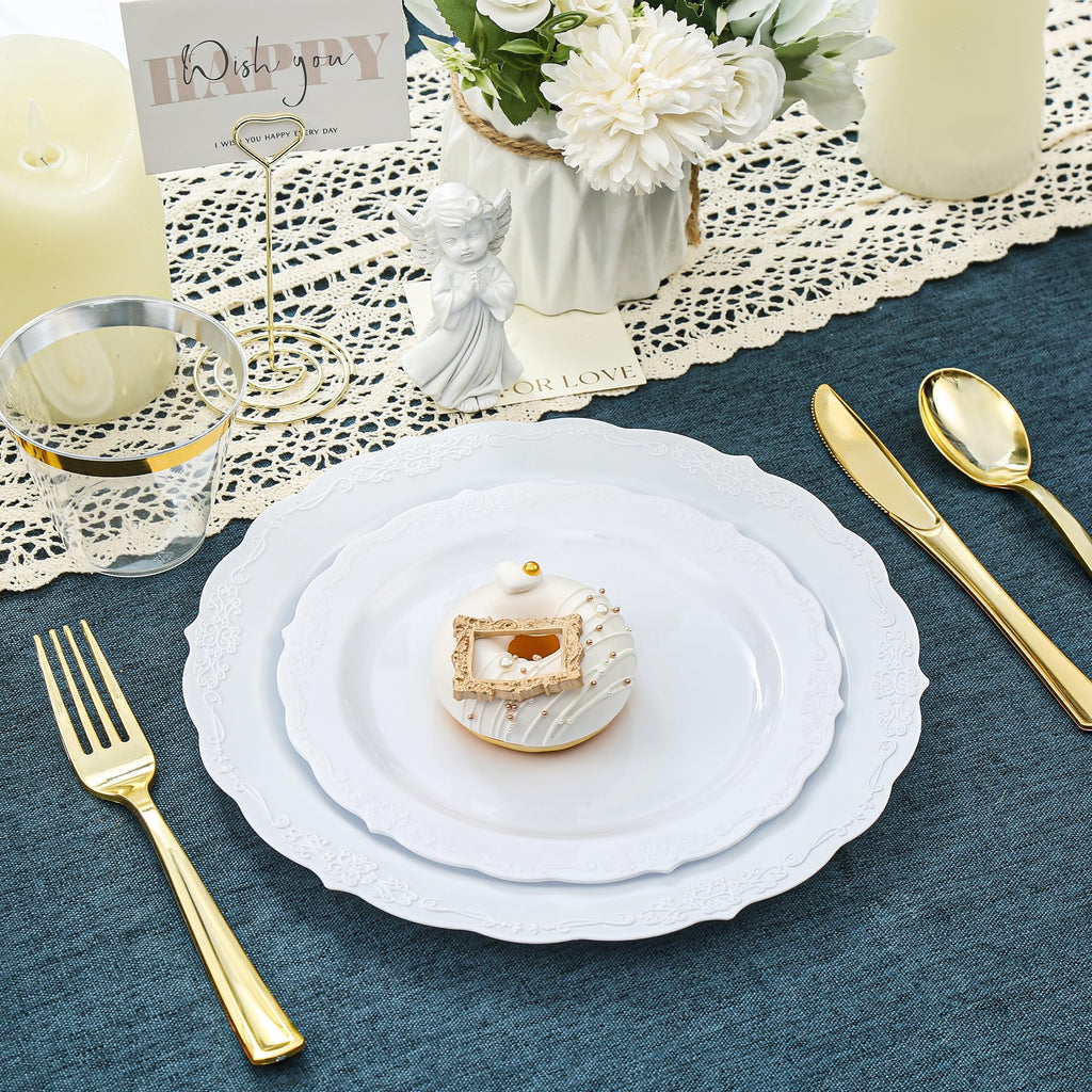 Upassion 100 Pieces White Plastic Plates - 10.25 inch White Dinner Disposable Plates - Premium Hard Disposable Dinner Plates - Party Supplies for Birthdays, Celebrations, Wedding and Events