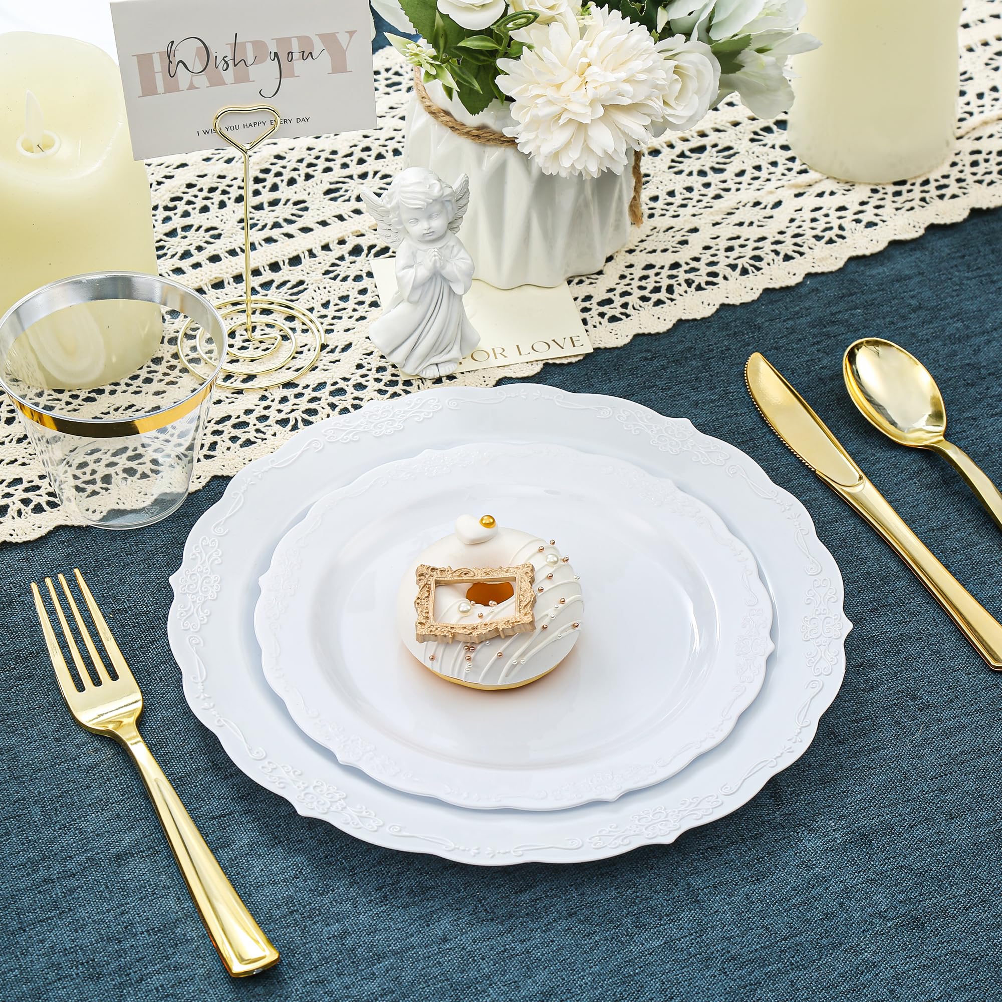 Upassion 100 Pieces White Plastic Plates - 10.25 inch White Dinner Disposable Plates - Premium Hard Disposable Dinner Plates - Party Supplies for Birthdays, Celebrations, Wedding and Events