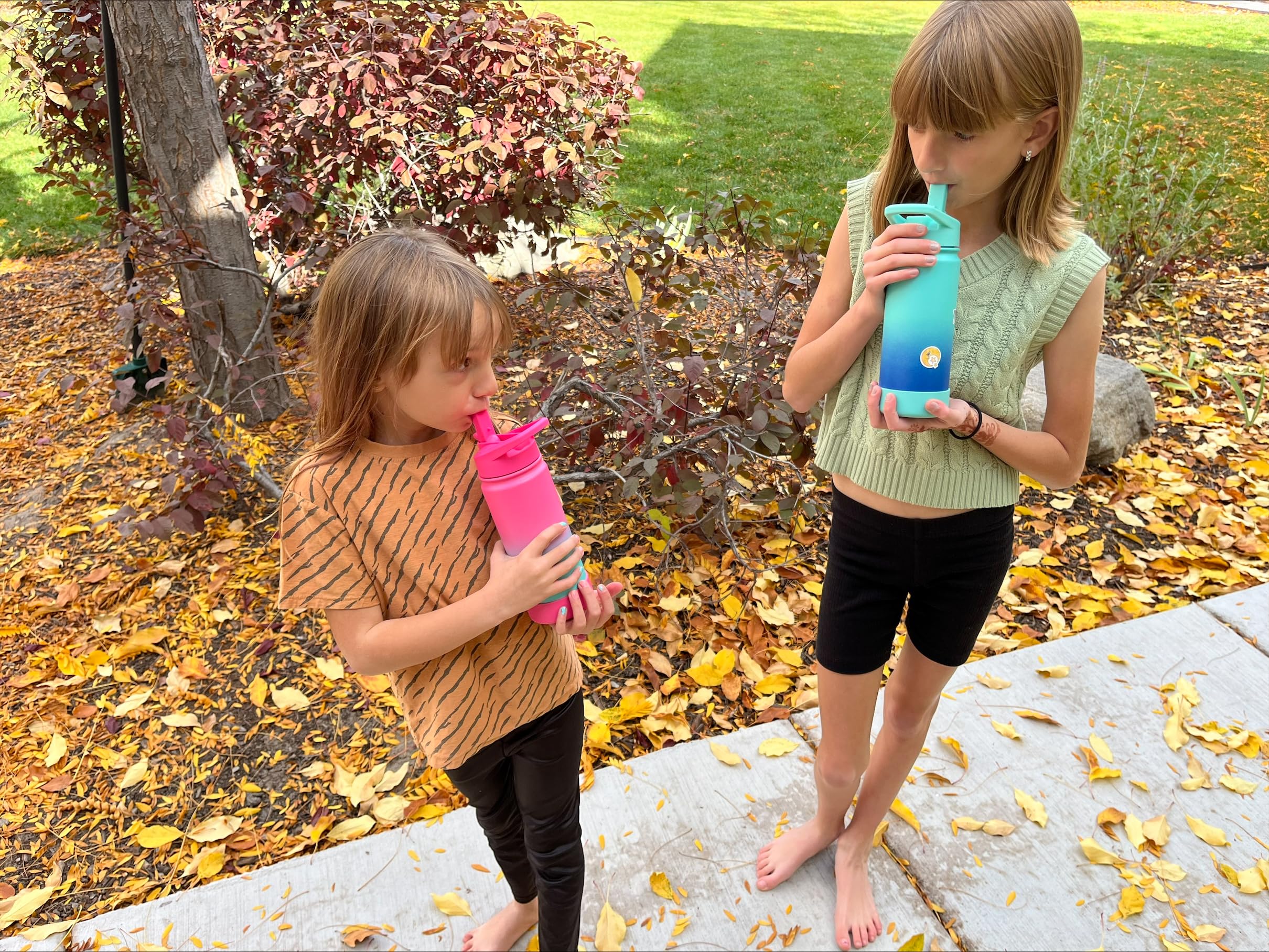 mininoo Kids Water Bottle for School, 16oz Stainless Steel Insulated Water Bottle Kids with Straw Lid for Girls, Boys (Purple/Pink)