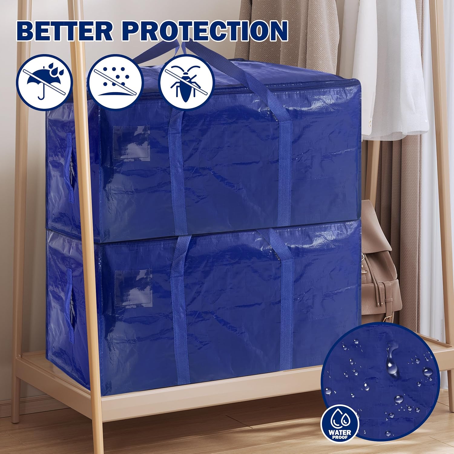 Skiennix Extra Heavy Duty Large Moving Bags - Strong Zipper & Handles | 33 Gallon, Dark Blue, 8 Pack