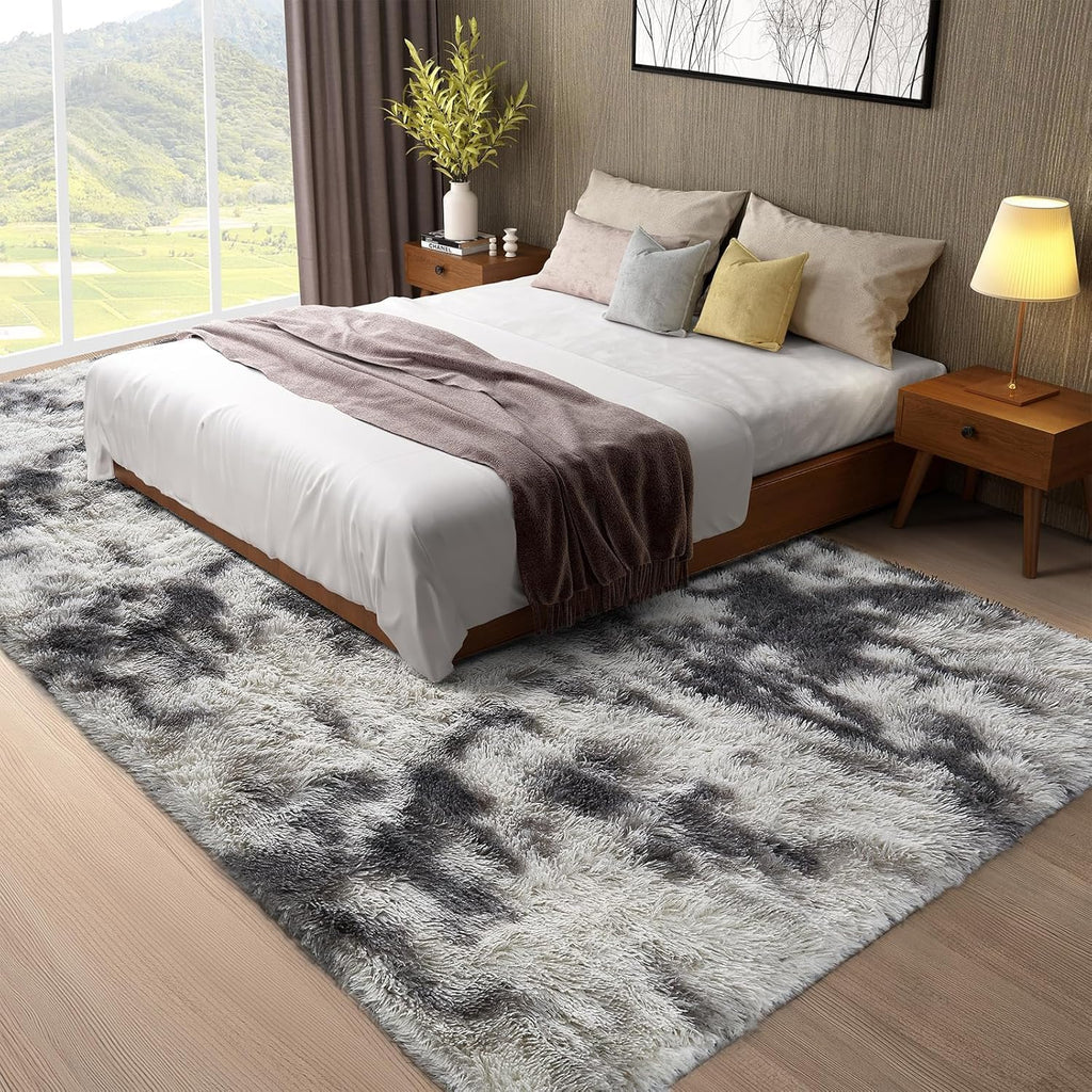 Ophanie Tie-Dyed Grey & White Area Rug - Large 8x10 Soft Shag Carpet for Living Room & Nursery Decor