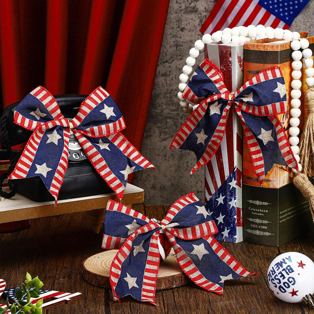 Skiennix 12 Pcs 6-Inch Patriotic Bows - Red, White & Blue Burlap Decor for 4th of July Celebrations