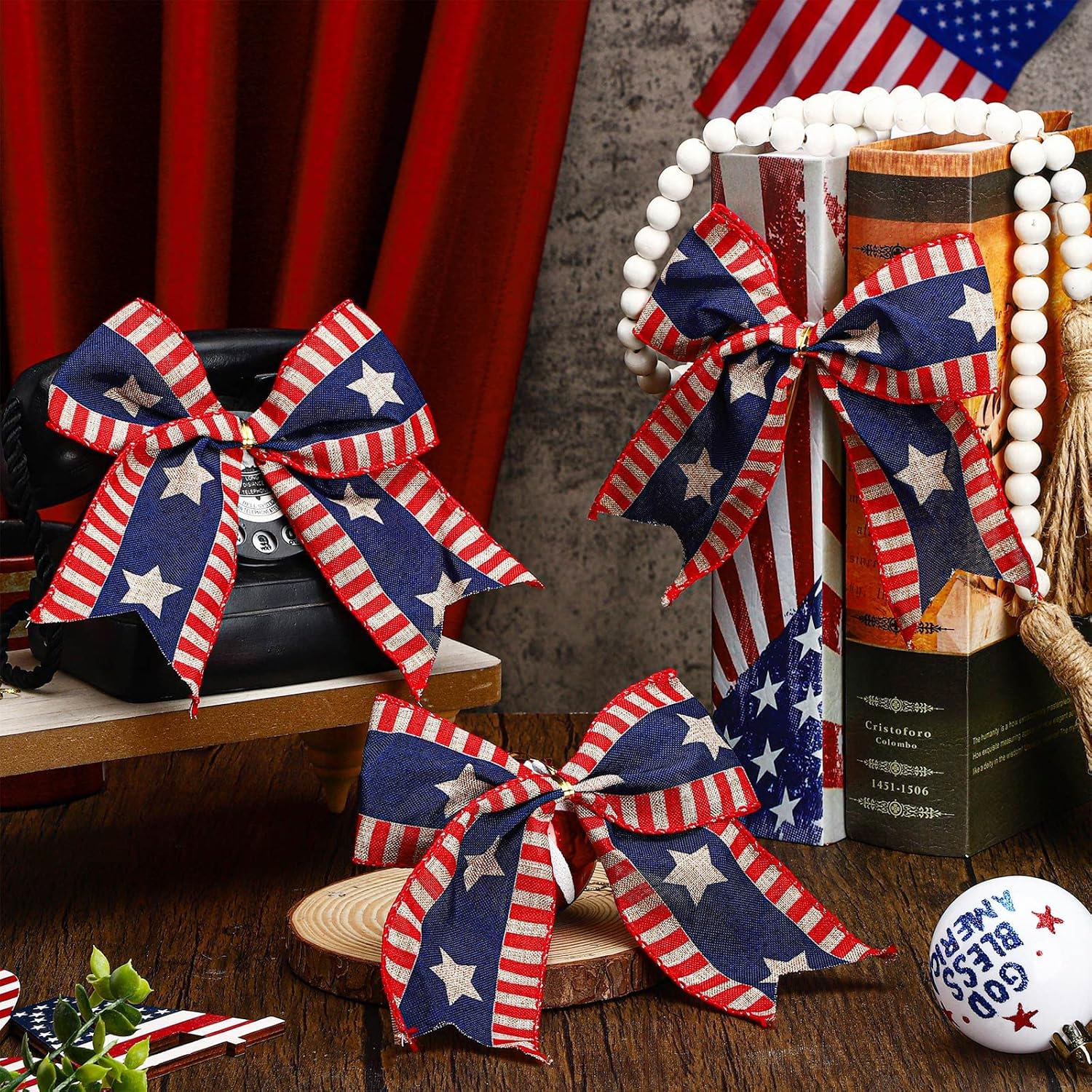 Skiennix 12 Pcs 6-Inch Patriotic Bows - Red, White & Blue Burlap Decor for 4th of July Celebrations