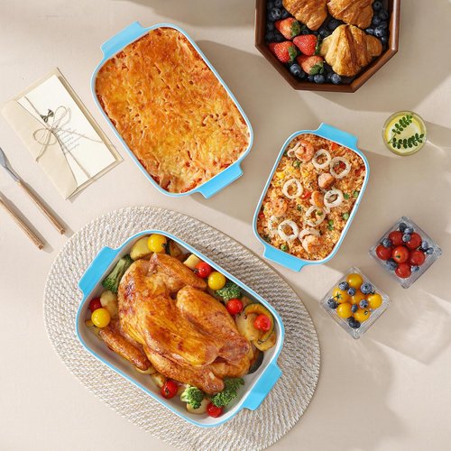 MALACASA Casserole Dishes Set - Ceramic Baking Pans with Handles | 3-Piece Rectangular Bakeware Set, White with Blue Trim (13.8''/11.7''/9.4'')