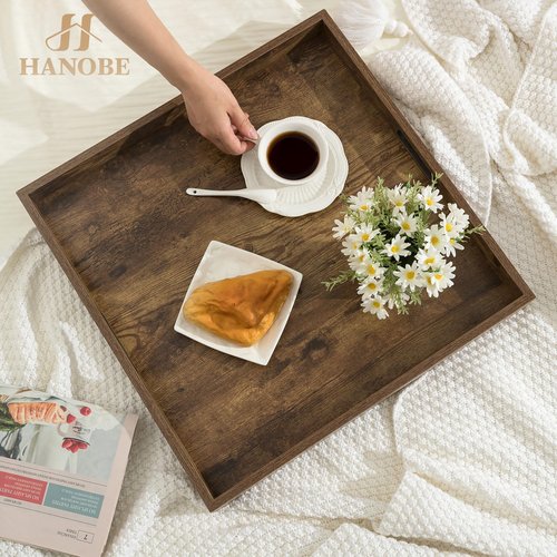 Hanobe Ottoman Tray for Living Room: Wood Serving Tray for Coffee Table - 20" Square Rustic Farmhouse Platter with Handles - Extra Oversized Decorative Topper for Kitchen Brown