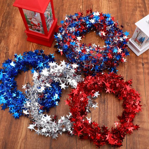 Shappy 6 Rolls Patriotic Garlands Star Wire Tinsel (24.6 Feet Per Roll) Red White and Blue 4th of July Party Decorations Independence Day Memorial Outdoor Indoor for Wreath Making