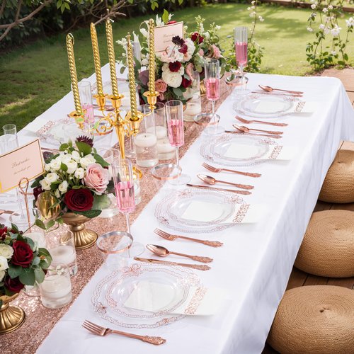 Ciaell 175 PCS Rose and Gold Plastic Plates - Fancy Rose Gold Disposable Dinnerware Set with of 50 Plates, 25 Knives, 25 Forks, 25 Spoons, 25 Cups, 25 Napkins for Wedding & Party & Easter