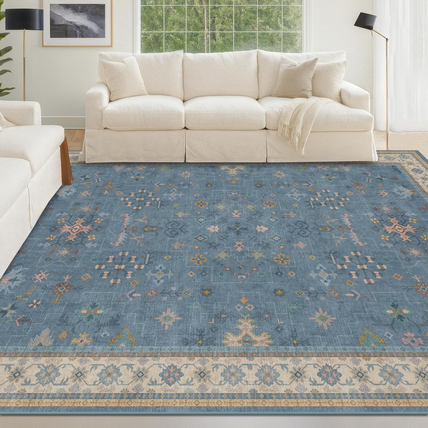 Skiennix 5x8 Boho Eclectic Area Rug - Modern Low-Pile Carpet for Living Room, Bedroom & Nursery - Washable Non-Slip Rubber Back
