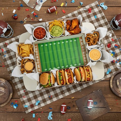 FoldTier Football Charcuterie Board Reusable Wooden Football Stadium Food Tray Sport Party Supplies Kit 50 Pcs Oil-Proof Paper Snack Food Serving Tray for Tailgate Sport Party Table Decorations