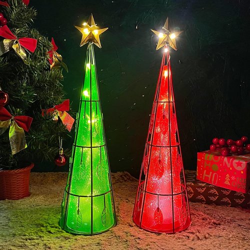 Juegoal Lighted Christmas Table Decorations - Battery Operated Cone Shaped LED Ornaments | 2 Pack, Green & Red